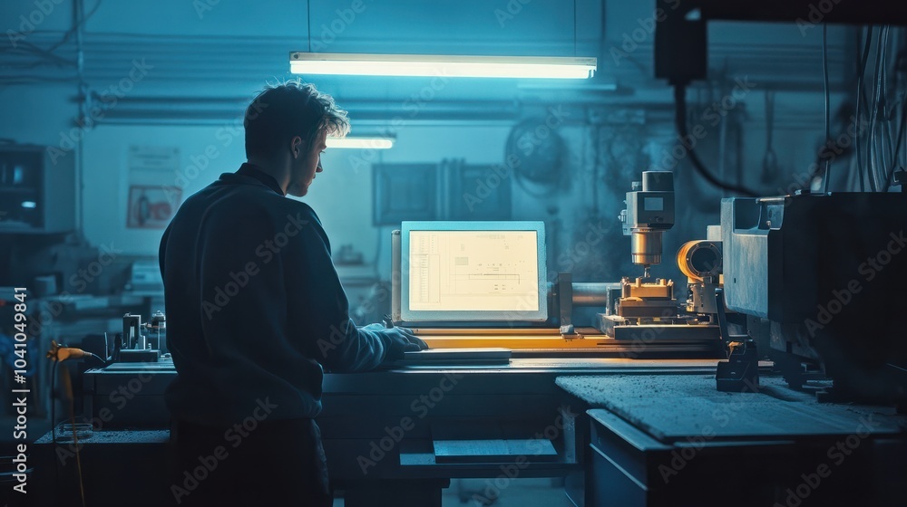 Poster worker in industrial workshop programming a cnc machine