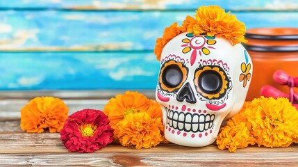 Colorful Sugar Skull with Marigold Flowers on Wooden Background for Day of the Dead