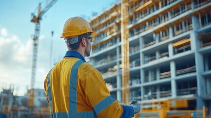 Construction worker observing a building site with cranes.