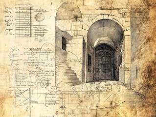 Fototapeta premium Architectural Dreams: A Stunning Historical Scroll Featuring Intricate Door and Arch Sketches – Perfect as a Poster for Sports Interiors or Artistic Inspiration