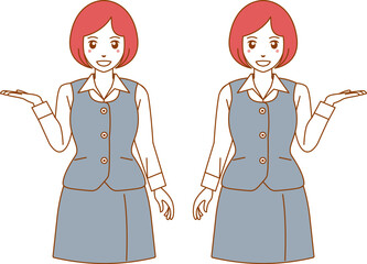 こちらと指し示す長袖の事務服の女性