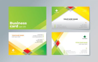 Set of double sided business card templates with Modern simple green, yellow and red square and triangle shapes on orange and white background