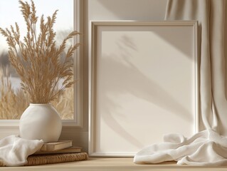 Mock up poster in Living room, Scandinavian decoration, 3d render, 3d illustration