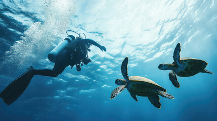 Sea, diver, sea turtle, Mediterranean, beautiful, underwater.