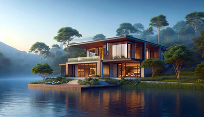 Obraz premium Wohnen in schlichter Eleganz mit großen Fensterflächen, schnörkelloser Bauweise umgeben von einem zauberhaftem park mit idüllischem See.