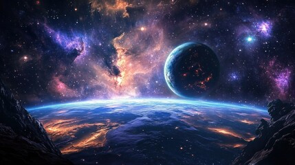 Fototapeta premium Stunning galaxy of glowing stars and swirling nebulas, with vibrant colors lighting up the infinite beauty of space