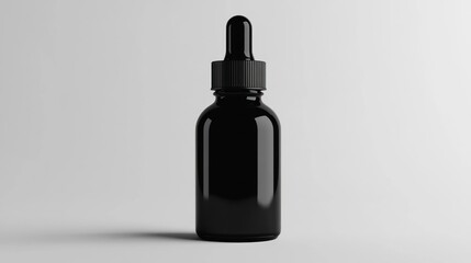 Fototapeta premium Black glass dropper bottle mockup. Isolated medical bottle with pharmacy syrup. Liquid serum essence jar with pipette. Organic beauty tincture eyedropper flask. Essential oil glass bottle