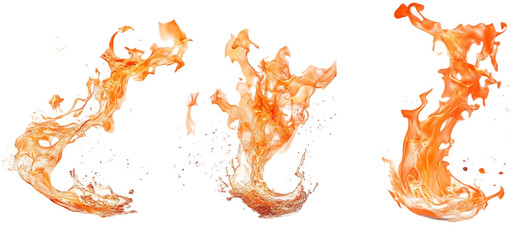 three set of fire flame collection isolated transparent background