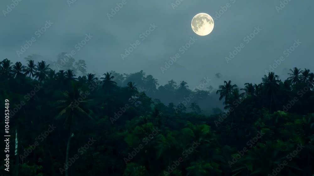 Poster aerial static video of a dense jungle at night, bathed in the ethereal glow of a full moon, creating