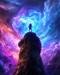 Naklejka premium A figure standing on a mountain top, surrounded by vibrant cosmic colors.