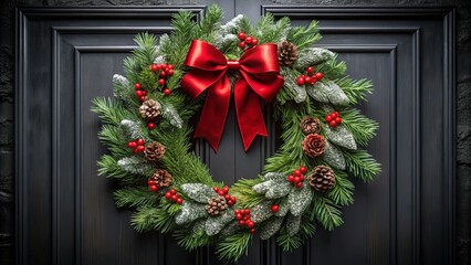 Frosted Evergreen Wreath with Red Bow Adorned with Pine Cones and Berries on a Dark Wooden Door