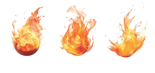 three set of fire flame collection isolated transparent background