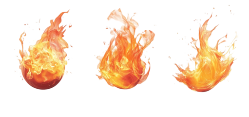 three set of fire flame collection isolated transparent background