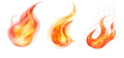 three set of fire flame collection isolated transparent background