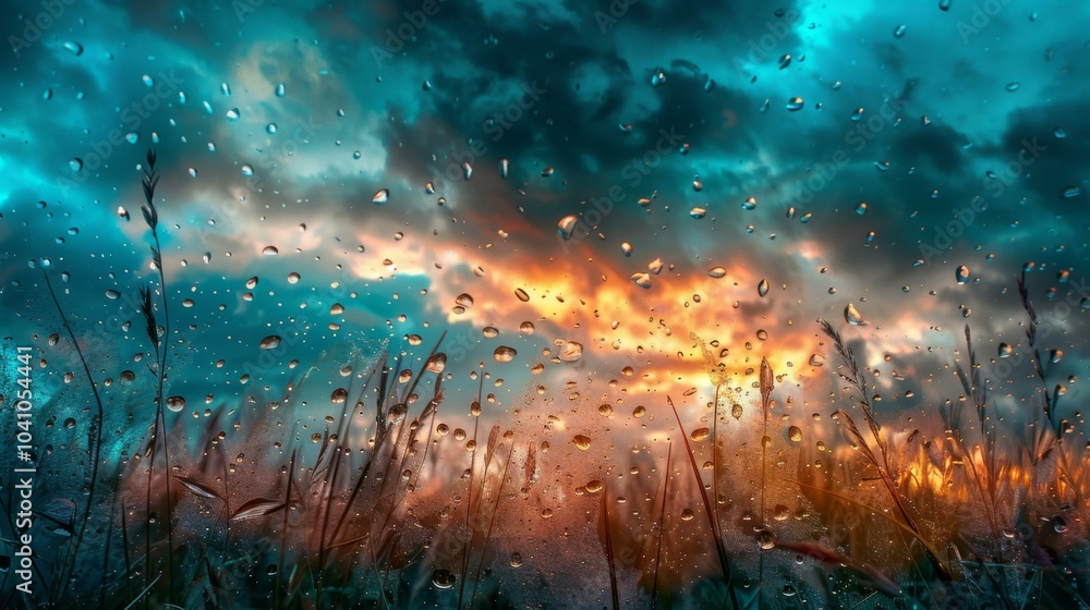 Poster a view of a field with rain drops on it. ai.