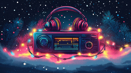 Retro boombox with headphones and Christmas lights in snowy scene