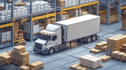 White truck in a logistics warehouse surrounded by cargo boxes