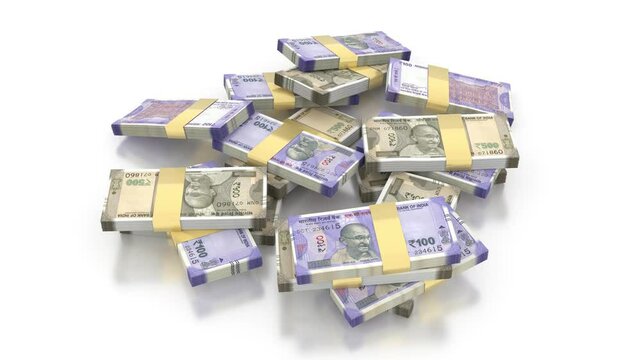 Money Falling Bundles of Indian Rupee 100 and 500 Notes 3D Render