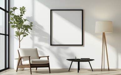 Mock up poster in Living room, Scandinavian decoration, 3d render, 3d illustration