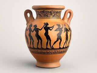 Elegant Ceramic Jar with Dancer Illustrations: Perfect as a Poster for Sports Interiors, Showcasing Artistic Craftsmanship on a Vibrant Orange Base