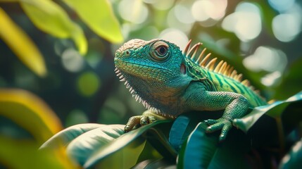 Obraz premium The green lizard is perched on lush foliage in daylight