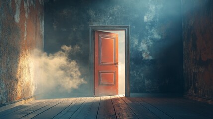 A door stands ajar in a shadowy room filled with fog