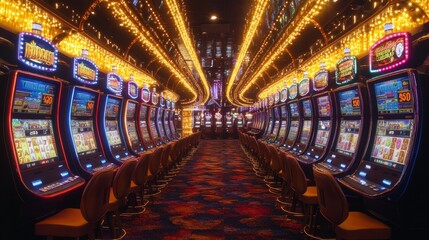 Rows of vibrant slot machines illuminate the casino floor