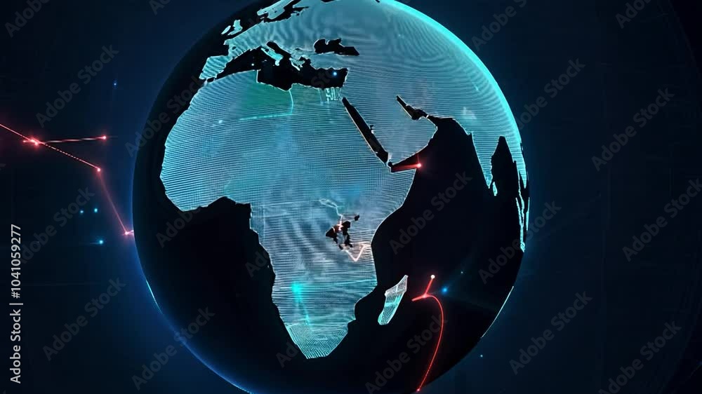 Poster a digital globe with glowing blue lines and red lines connecting to the globe.