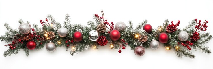 Traditional garland with fir branches red silver baubles rustic style. Banner.