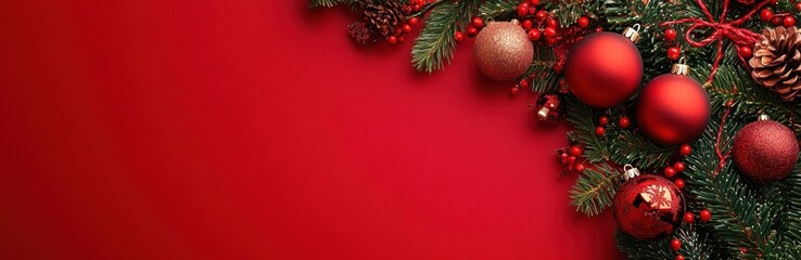 Bright red background with holiday decorations. Merry Christmas and Happy New Year. Banner.