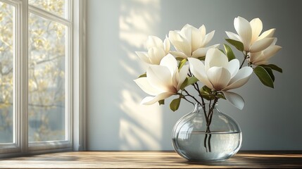 A serene arrangement of magnolia flowers in a glass vase.