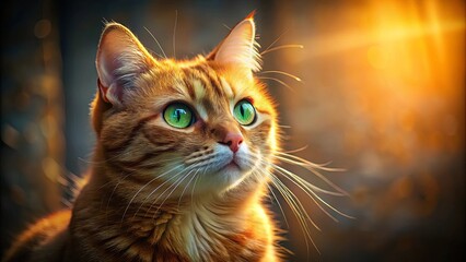 A ginger cat with captivating green eyes stares into the golden light of the setting sun, its whiskers catching the warm glow.