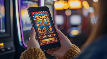 Hands holding a phone with a jackpot win in an online casino