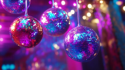 Fototapeta premium Colorful disco balls dangle and sparkle amidst festive lighting