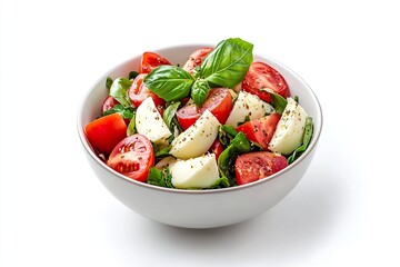 Caprese salad in a bowl, isolated on white background