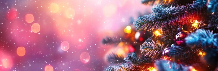 Fototapeta premium Decorated Christmas tree with lights, festive holiday banner. Banner.
