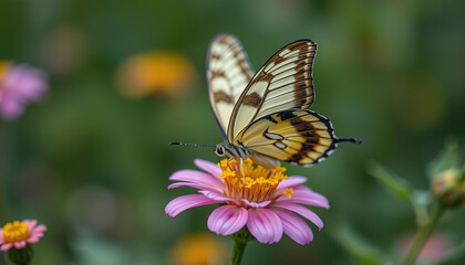 Obraz premium A butterfly is sitting on a yellow flower