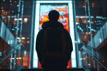 Naklejka premium Silhouetted Figure with Backpack Standing in Front of a Brightly Lit Display
