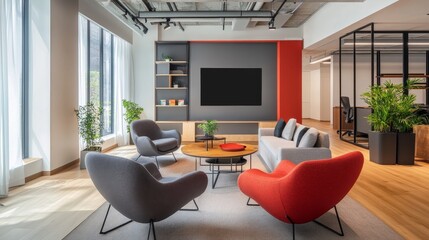 Fototapeta premium Bright and modern lounge area with comfortable seating and greenery