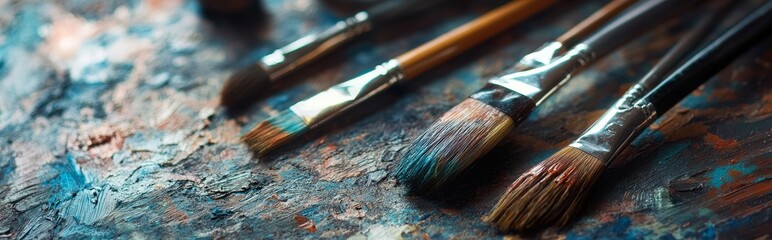 Fototapeta premium Paintbrushes are arranged on a textured palette with rich colors