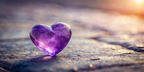 Fototapeta premium A polished heart-shaped amethyst crystal, bathed in warm, soft light, resting on a textured, aged surface, creating a serene and contemplative atmosphere.