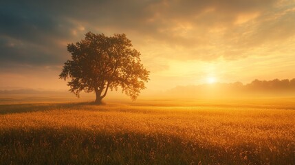 Obraz premium A serene sunrise casts warm light over a peaceful field