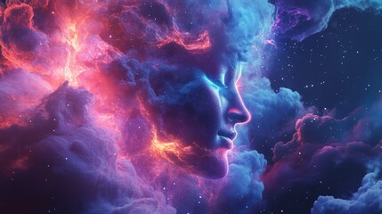 Cosmic energy swirls around a serene face formed by clouds