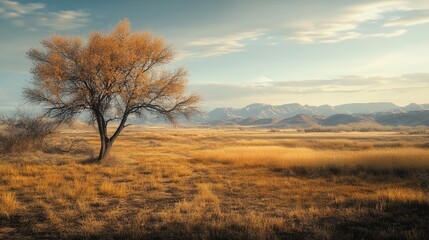 Fototapeta premium A lonely tree rises amid golden grass and distant peaks