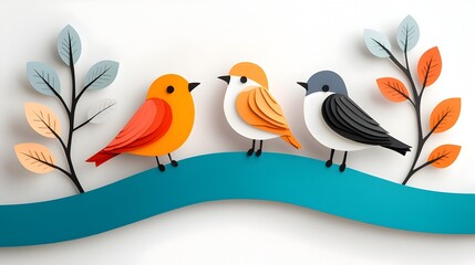 Striking paper cut birds in bold vibrant colors arranged in a dynamic layered silhouette composition  This modern minimalist artwork showcases the beauty of negative space and contrasting shapes
