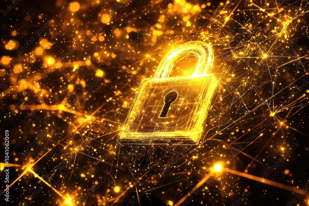 Poster digital padlock symbolizing cybersecurity and data protection in a futuristic network