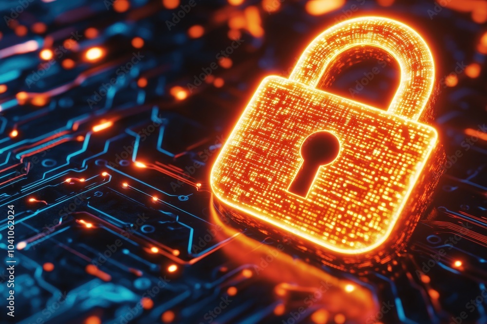 Poster digital padlock symbolizing cybersecurity and data protection in a futuristic network