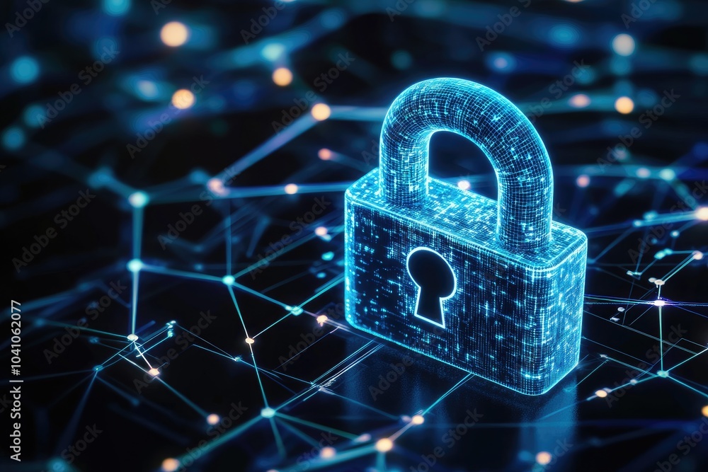 Poster digital padlock symbolizing cybersecurity and data protection in a futuristic network