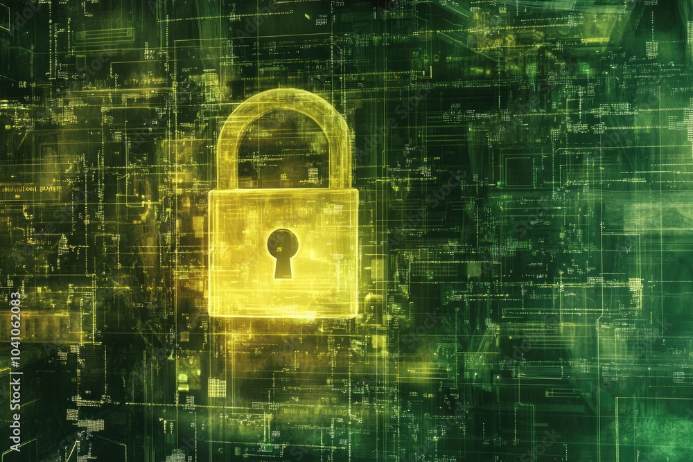 Poster digital padlock symbolizing cybersecurity and data protection in a futuristic network