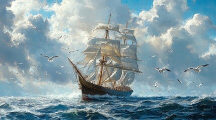 Fototapeta premium A majestic sailing ship navigating through turbulent ocean waters.